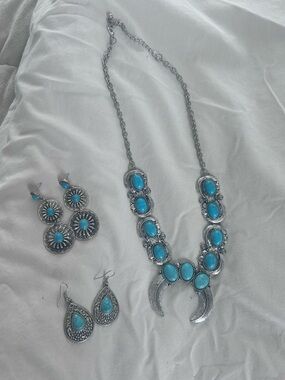 Statement Faux Turquoise Jewelry Set – Adjustable Necklace + 2 Earring Sets